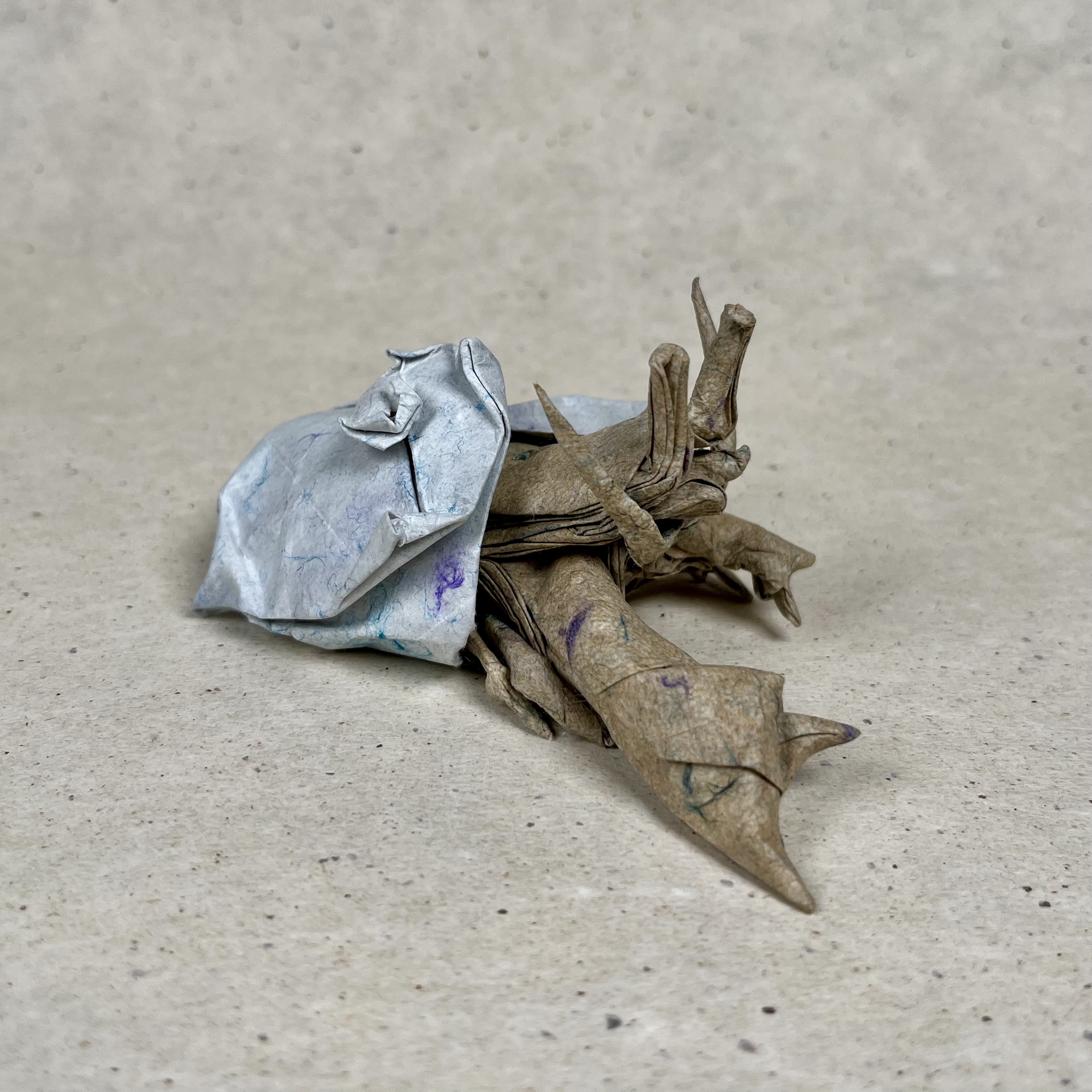 Hermit crab, designed by Satoshi Kamiya and folded from one uncut square of handmade abaca/hemp paper.